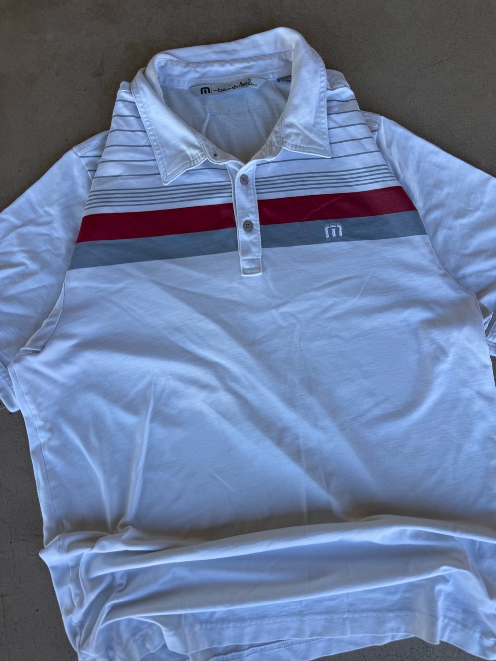 TravisMathew White Red & Gray Stripe Golf Polo — Size Large